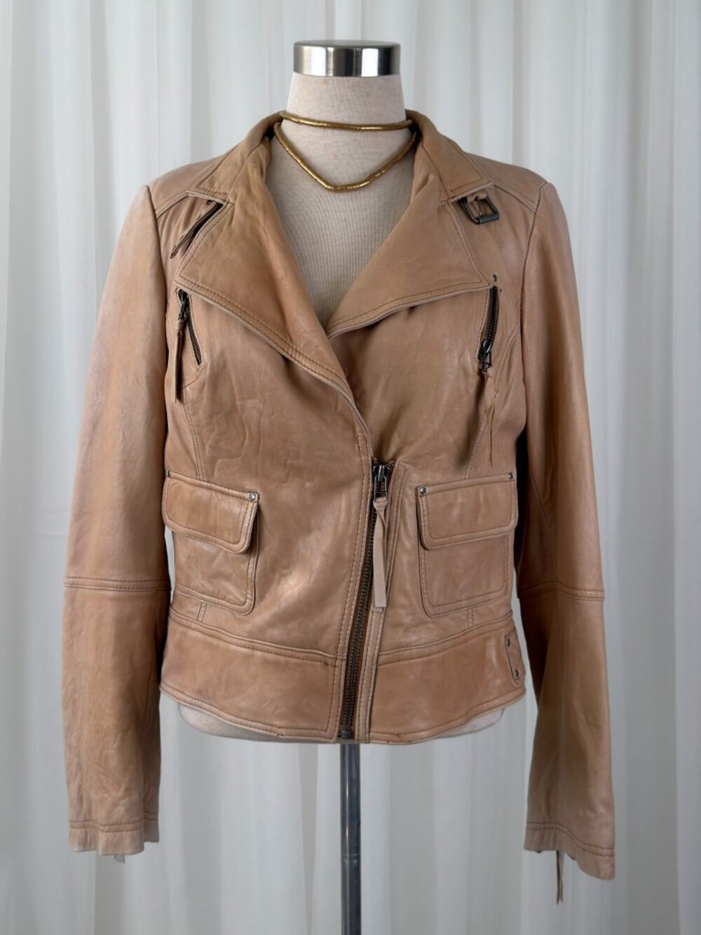 Tan Genuine Leather Biker Jacket Asymmetric Zip Moto Womens UK 8 US 4 MintVelvet